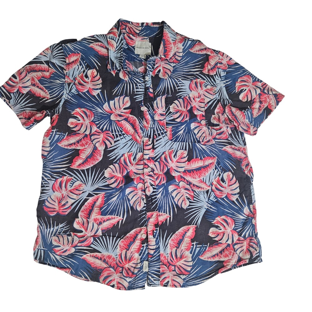 American Eagle Mens Large Tropical Monstera Leaf Print Short Sleeve Button Down